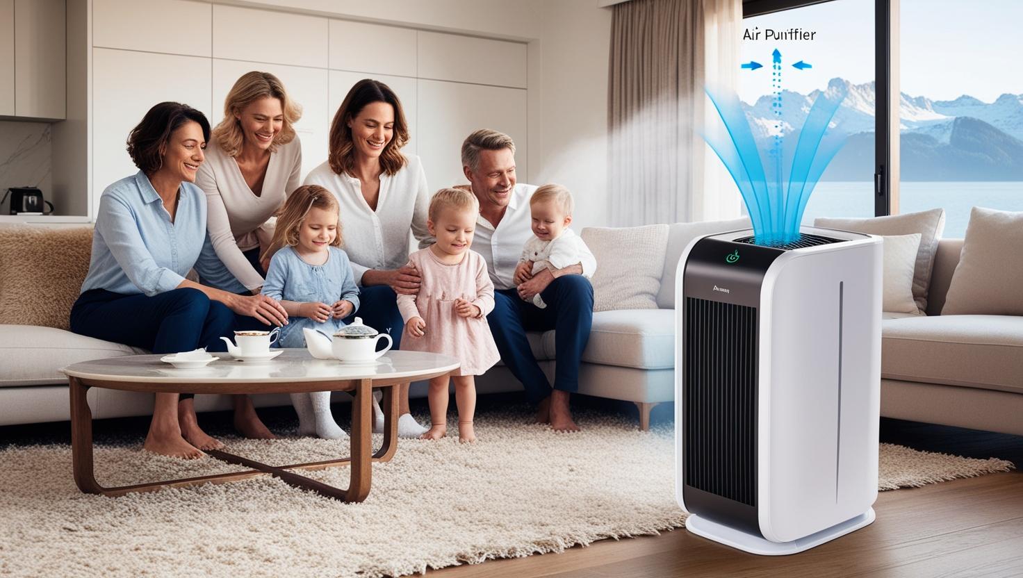 Family enjoying clean air at home with advanced air purifier showcasing efficient air filtration systems Family enjoying clean air at home with advanced air purifier showcasing efficient air filtration systems